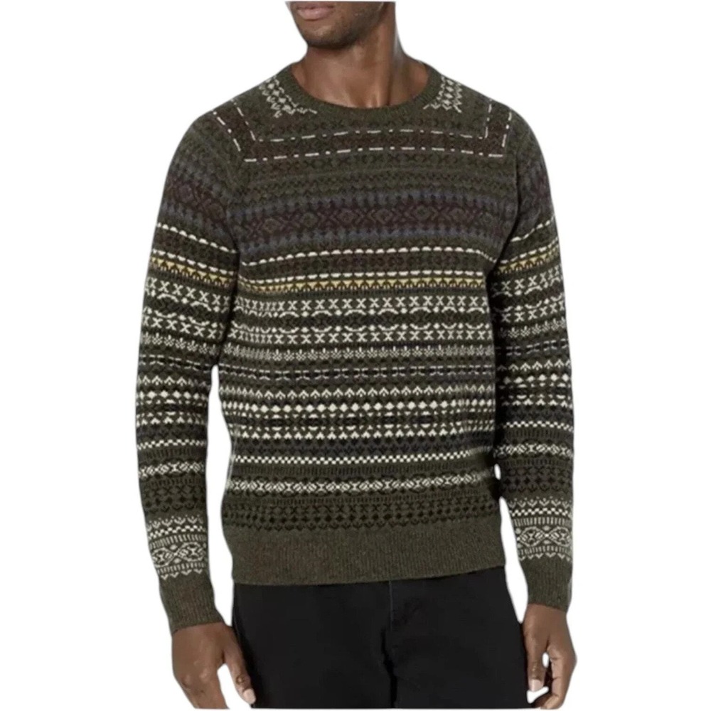 Good Threads Men's Lambswool Forest Green Fair Isle Sweater Size S Winter